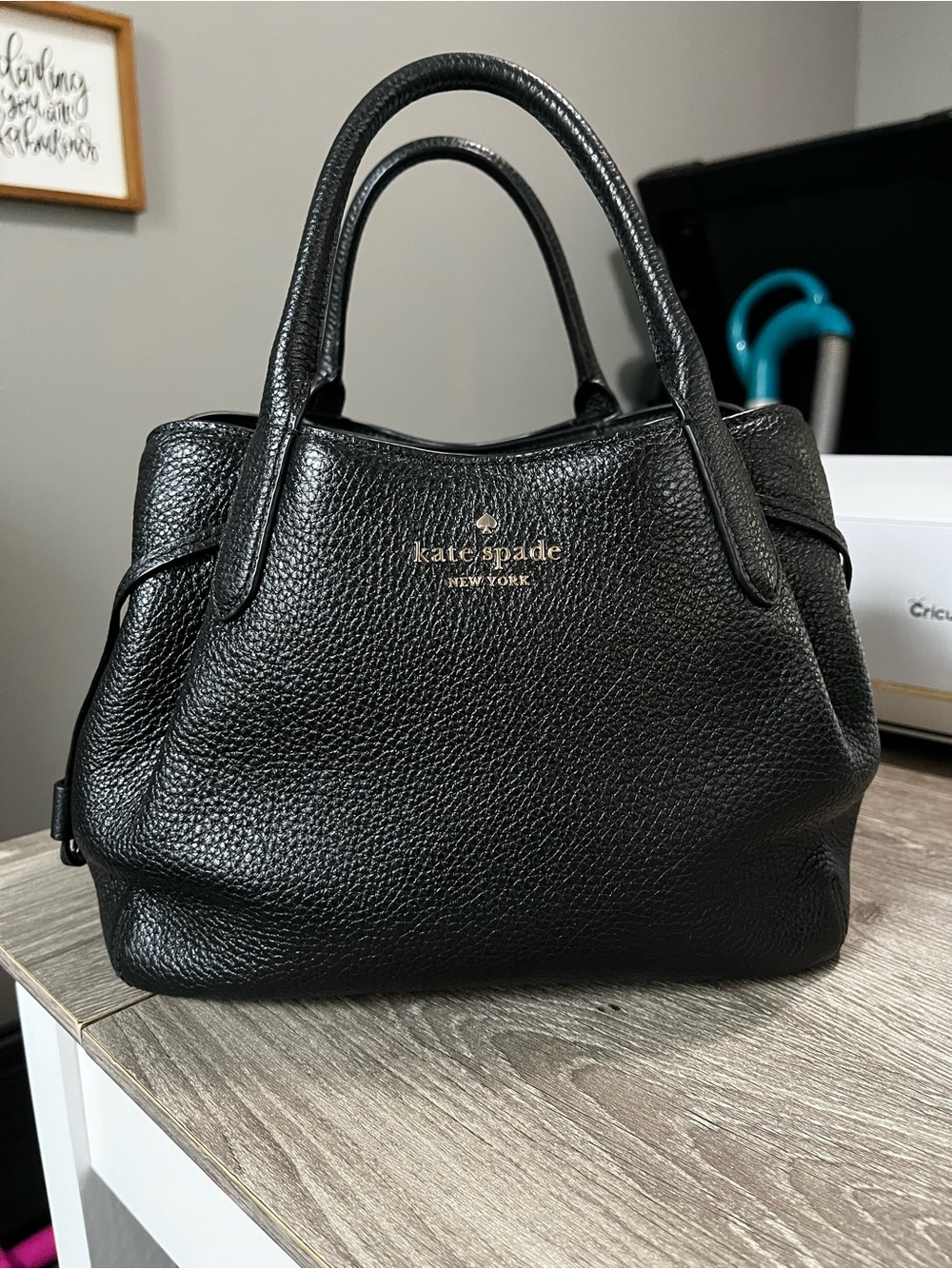 kate spade Black Pebbled Leather Top-Handle Satchel with Gold Logo